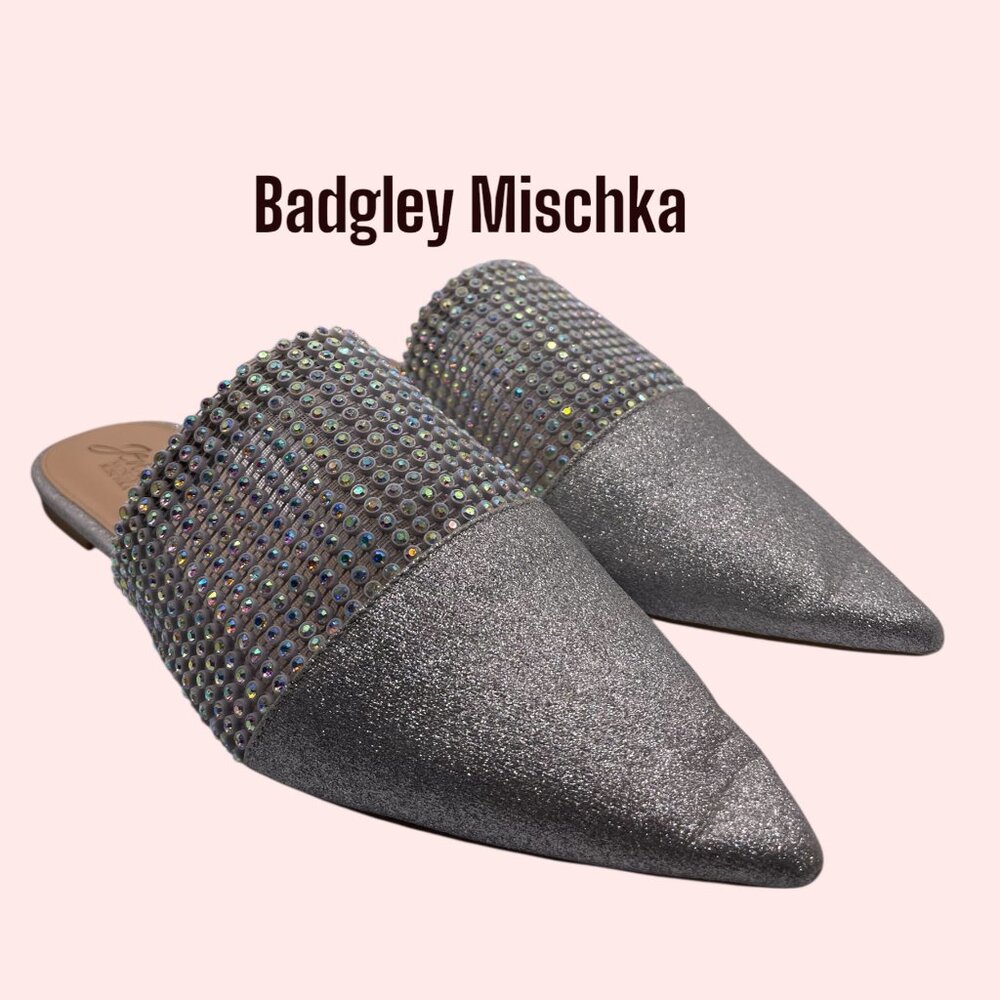 Badgley Mischka Silver Rhinestone Studded Mules Flats Size 8.5
